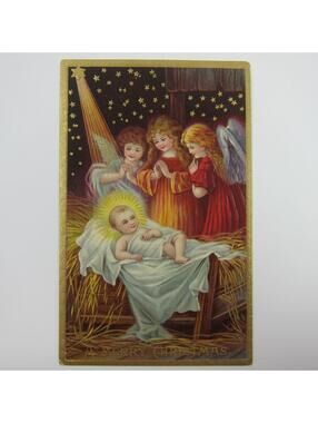 Christmas Postcard Baby Jesus Angels Nativity Gold Stars Embossed Antique 1909